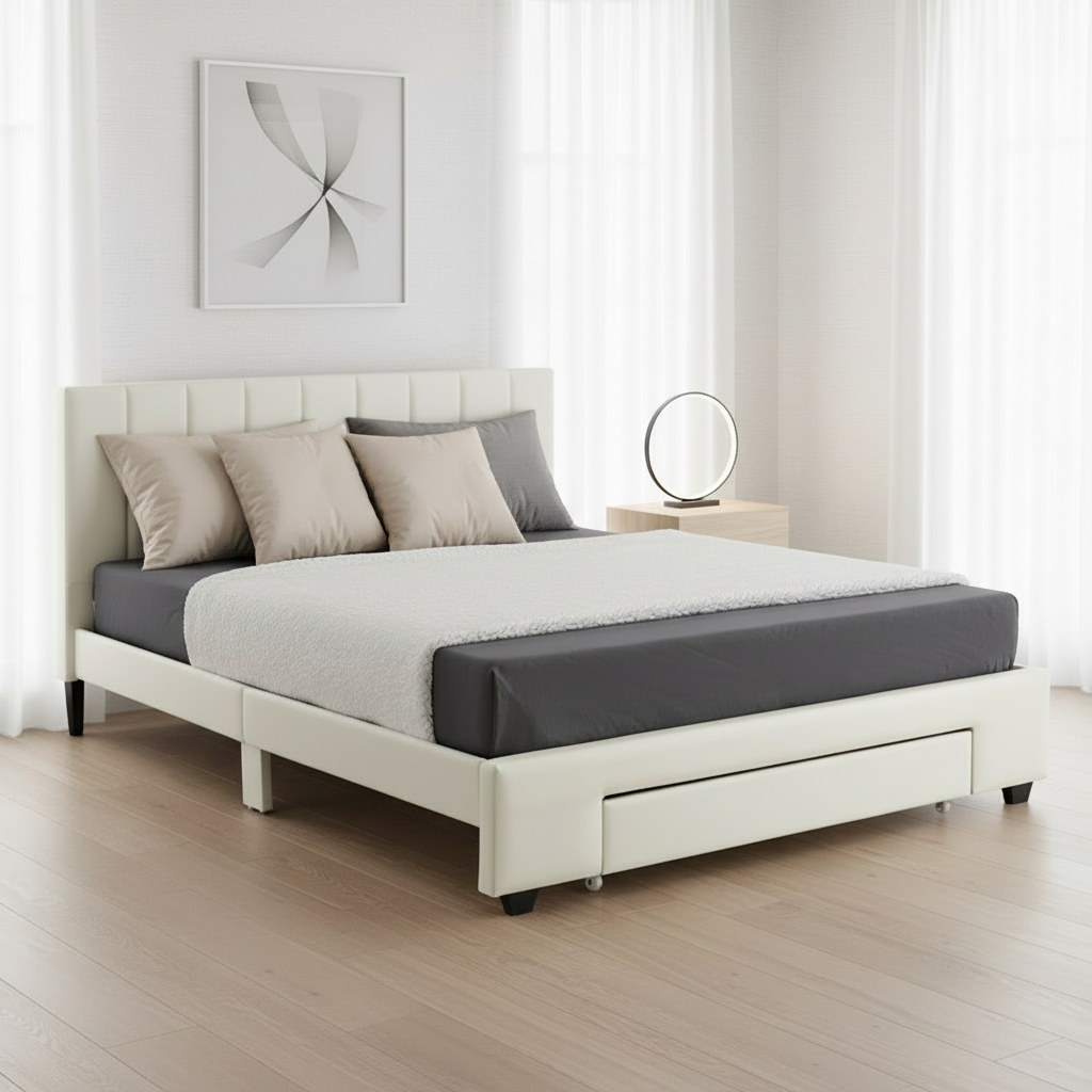 IF-5482 White PU Bed with Padded Headboard