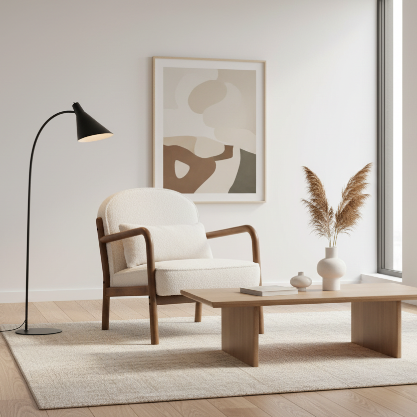 Fani Accent Chair, Fabric in White Boucle and Walnut