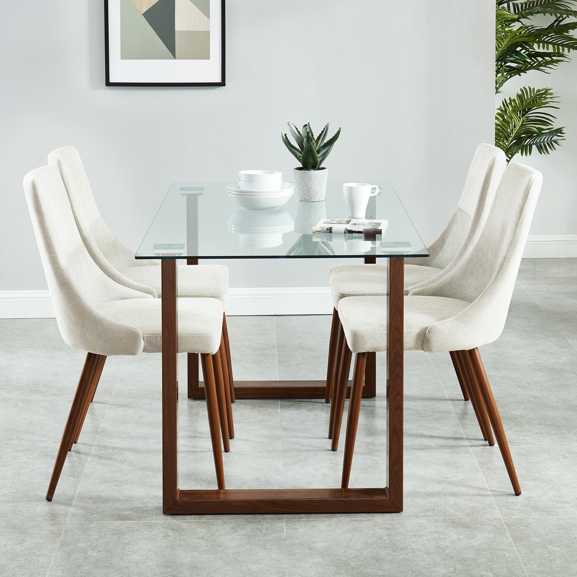Chaises de salle à manger en tissu Cora, lot de 2, beige et noyer