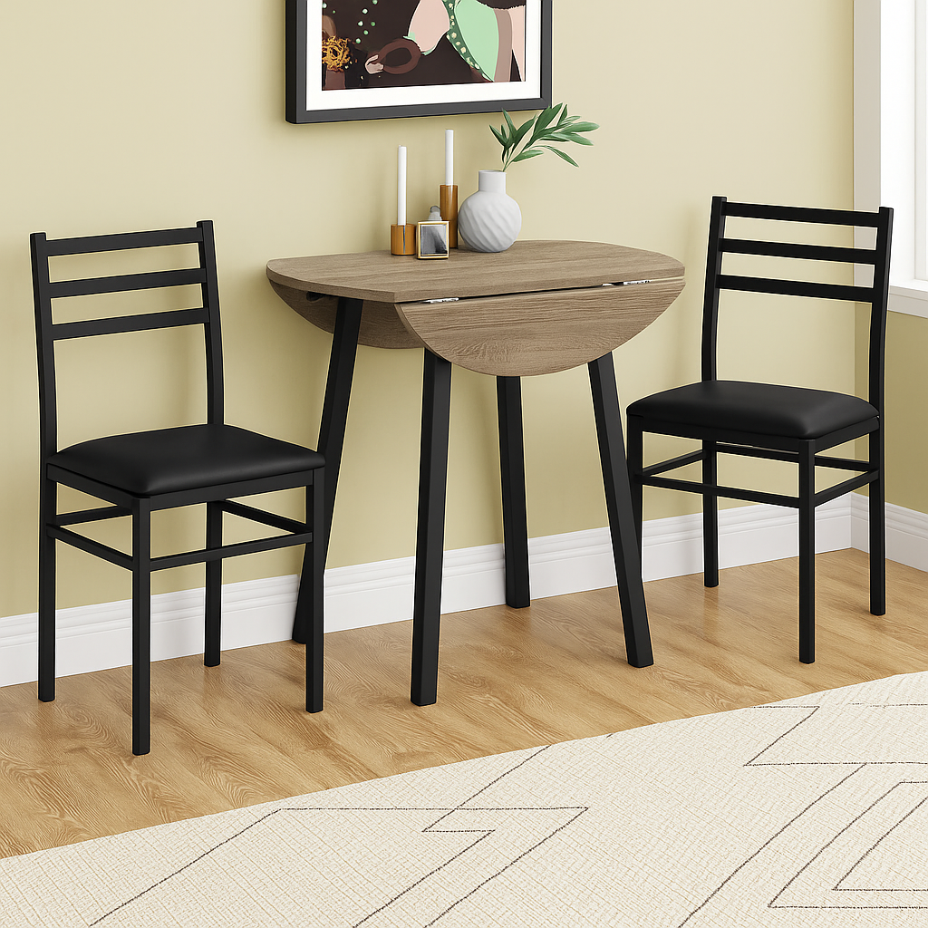 DINING SET - 3PCS SET / DARK TAUPE TOP / BLACK METAL