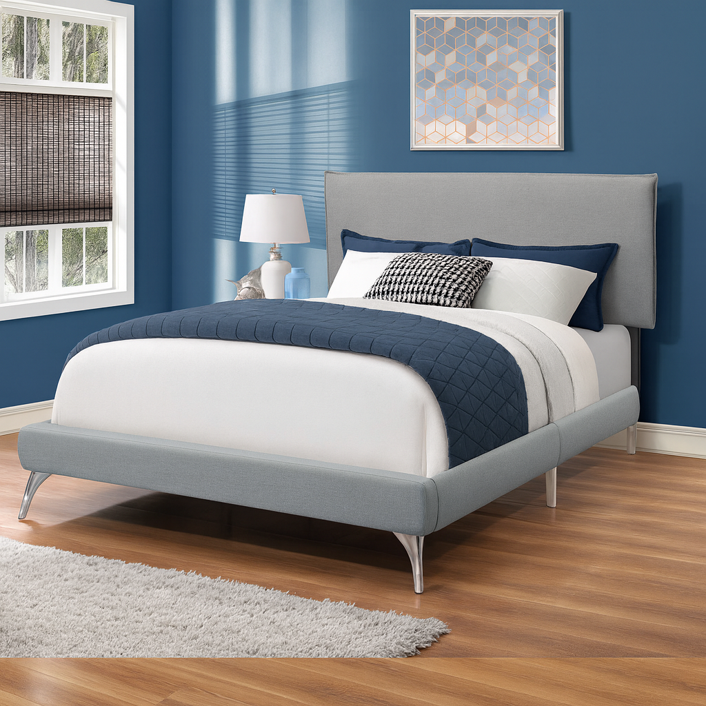 BED - QUEEN SIZE / GREY LINEN WITH CHROME LEGS