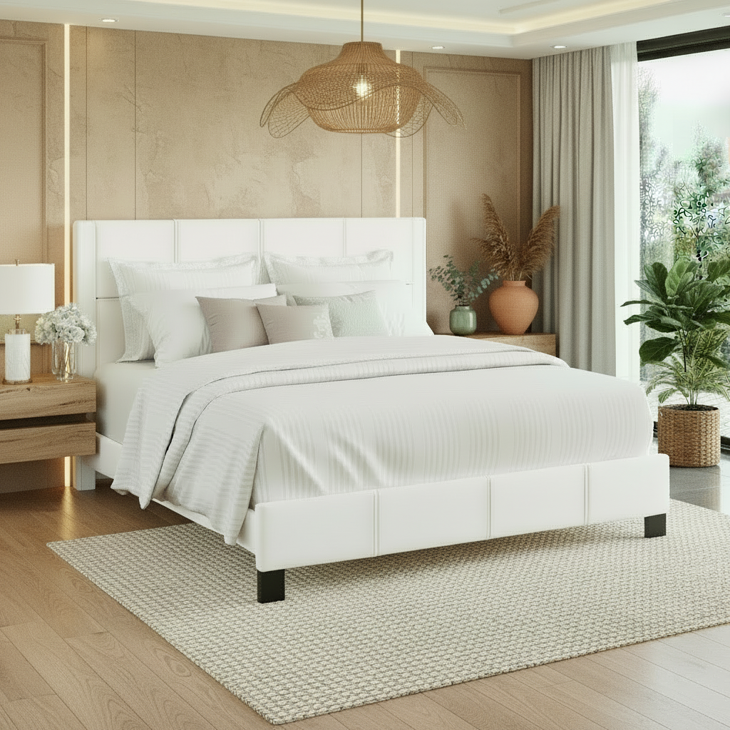 Lit en PU blanc IF 5351 avec coutures contrastées