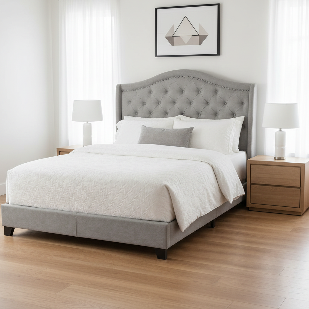 LIT - QUEEN SIZE / LIN GRIS AVEC BORDURE CHROMÉE