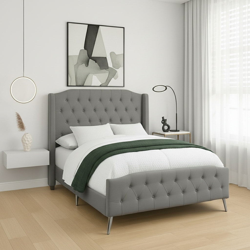 LIT - QUEEN SIZE / LIN GRIS AVEC PIEDS EN MÉTAL CHROMÉ