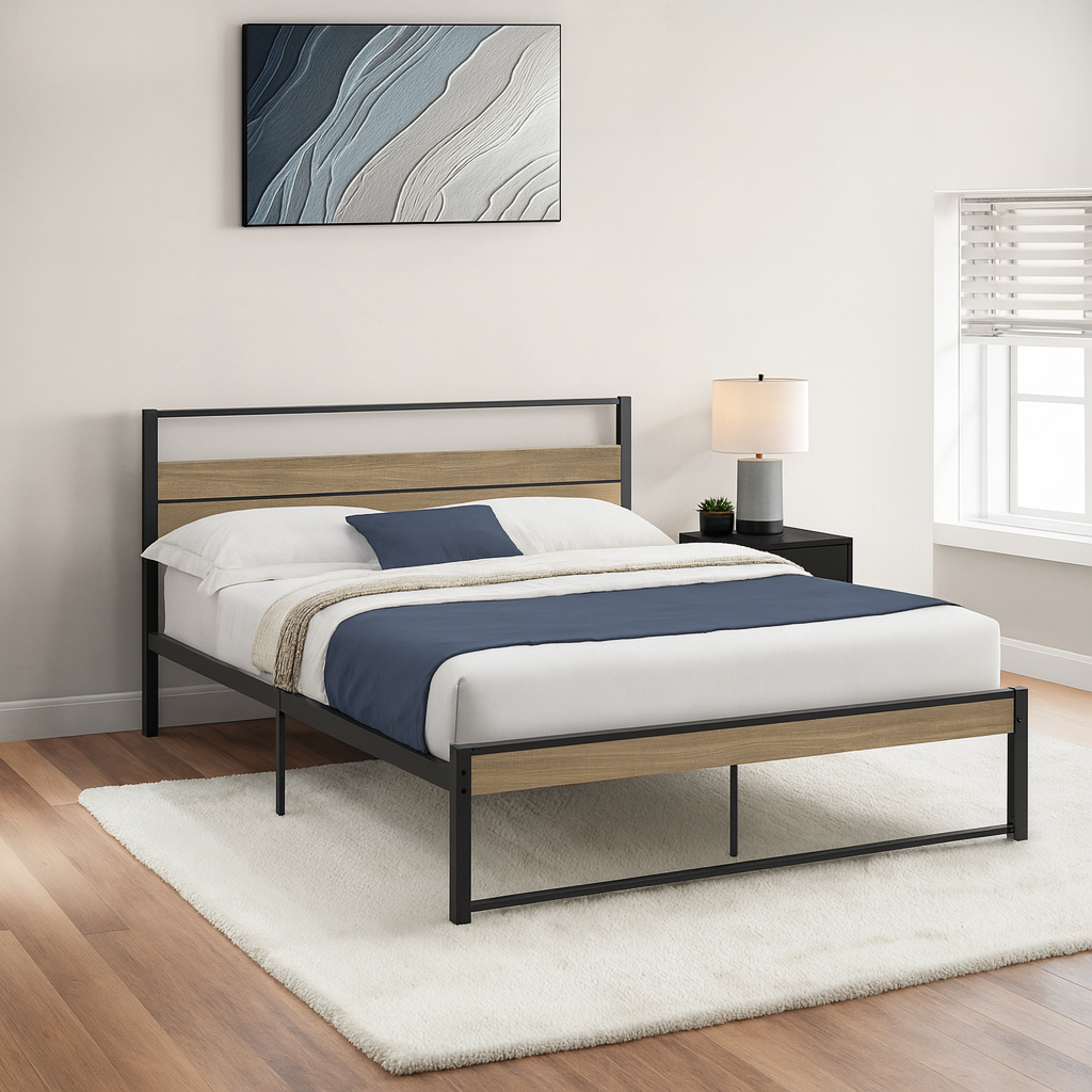 LIT - QUEEN SIZE / TAUPE FONCÉ / PLATEFORME EN MÉTAL NOIR