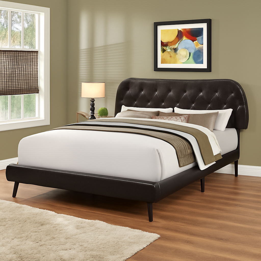 BED - QUEEN SIZE / BROWN LEATHER-LOOK WITH WOOD LEGS