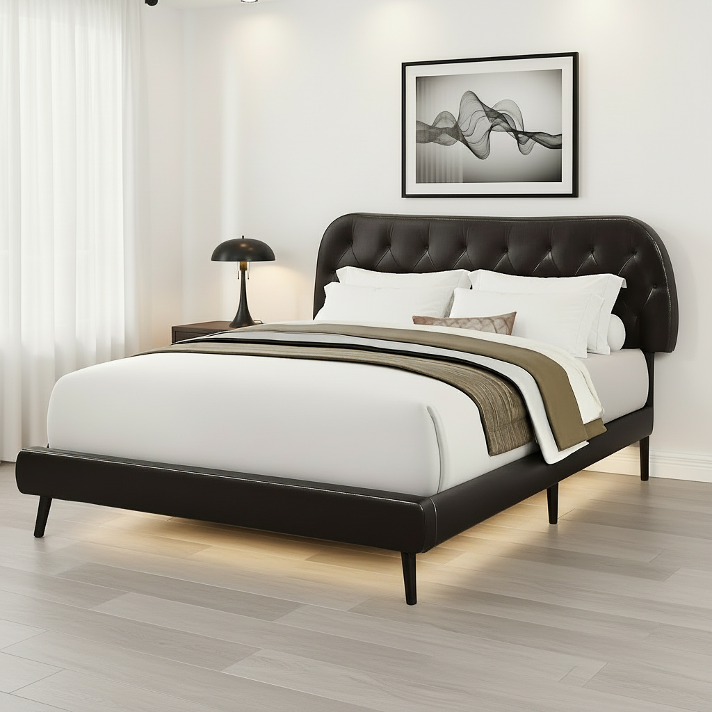 LIT - QUEEN SIZE / SIMILI CUIR MARRON AVEC PIEDS EN BOIS