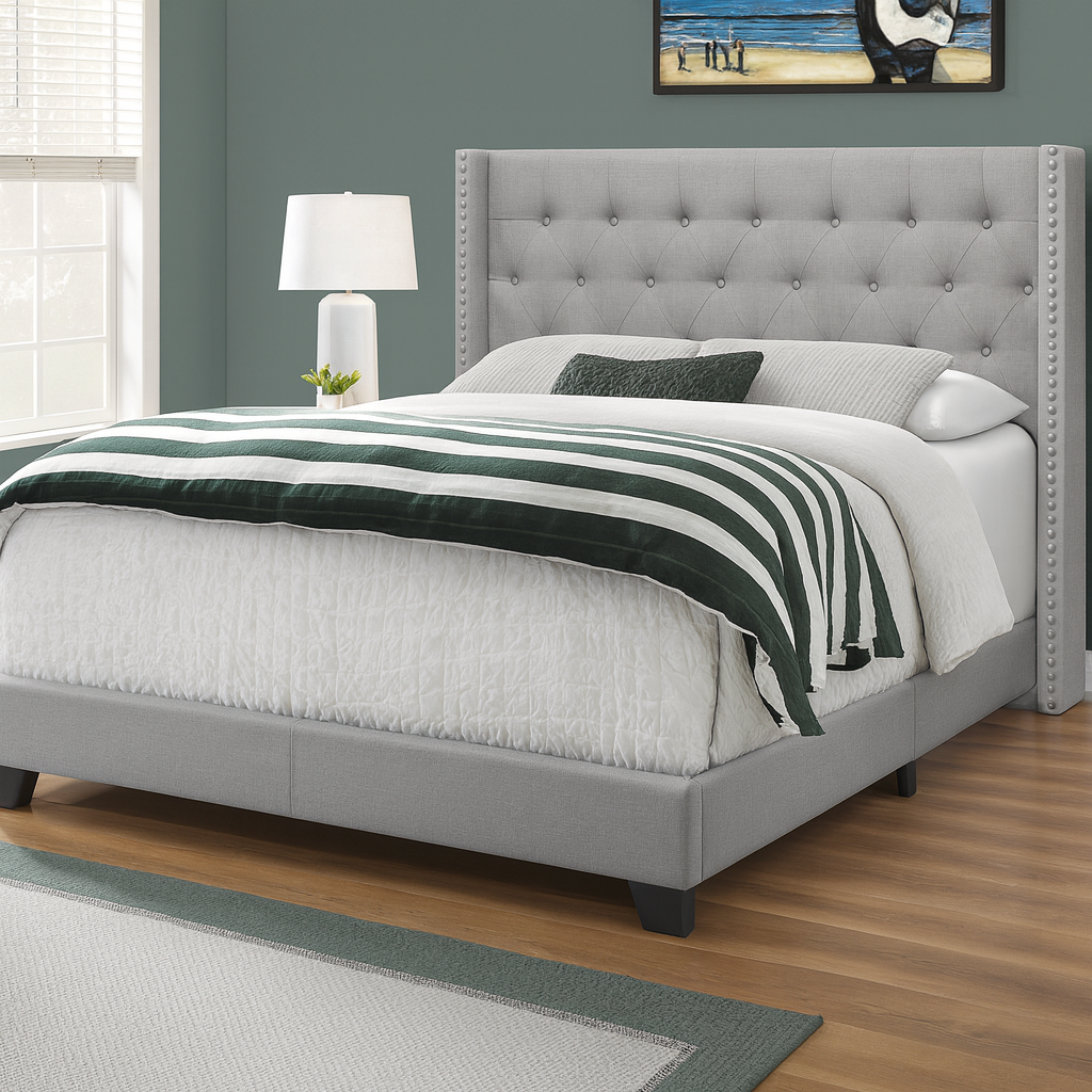 BED - QUEEN SIZE / GREY LINEN WITH CHROME TRIM