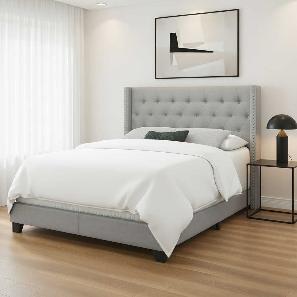 LIT - QUEEN SIZE / LIN GRIS AVEC BORDURE CHROMÉE