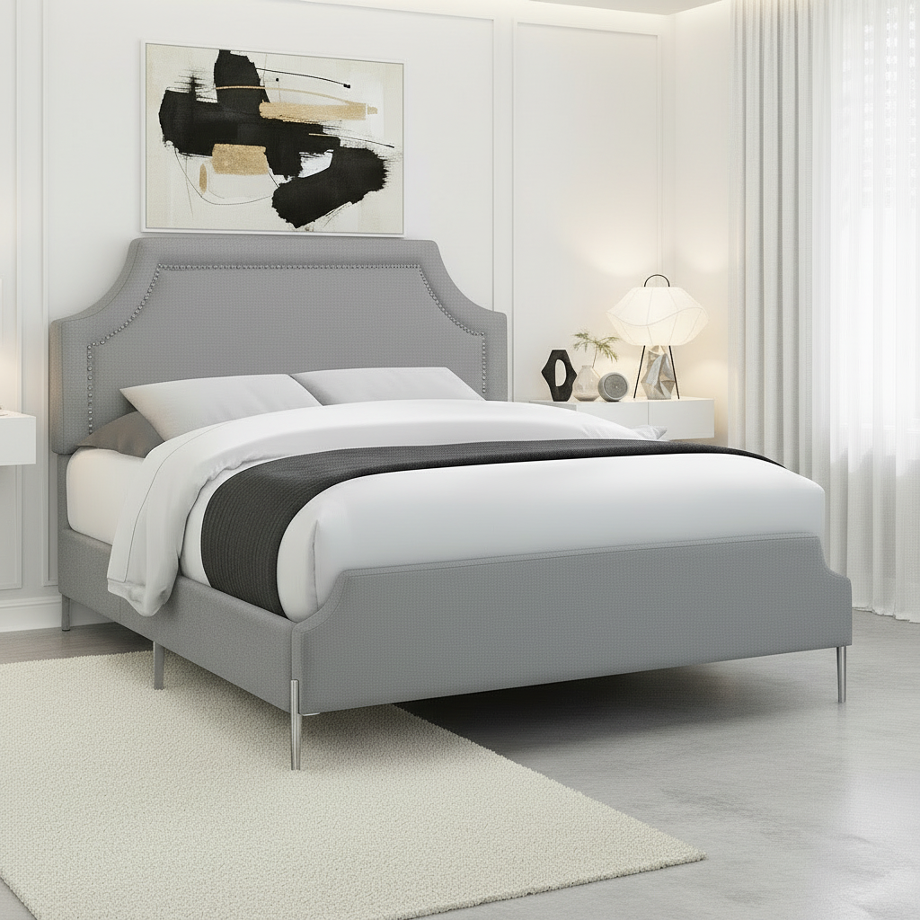 LIT - QUEEN SIZE / LIN GRIS AVEC PIEDS EN MÉTAL CHROMÉ