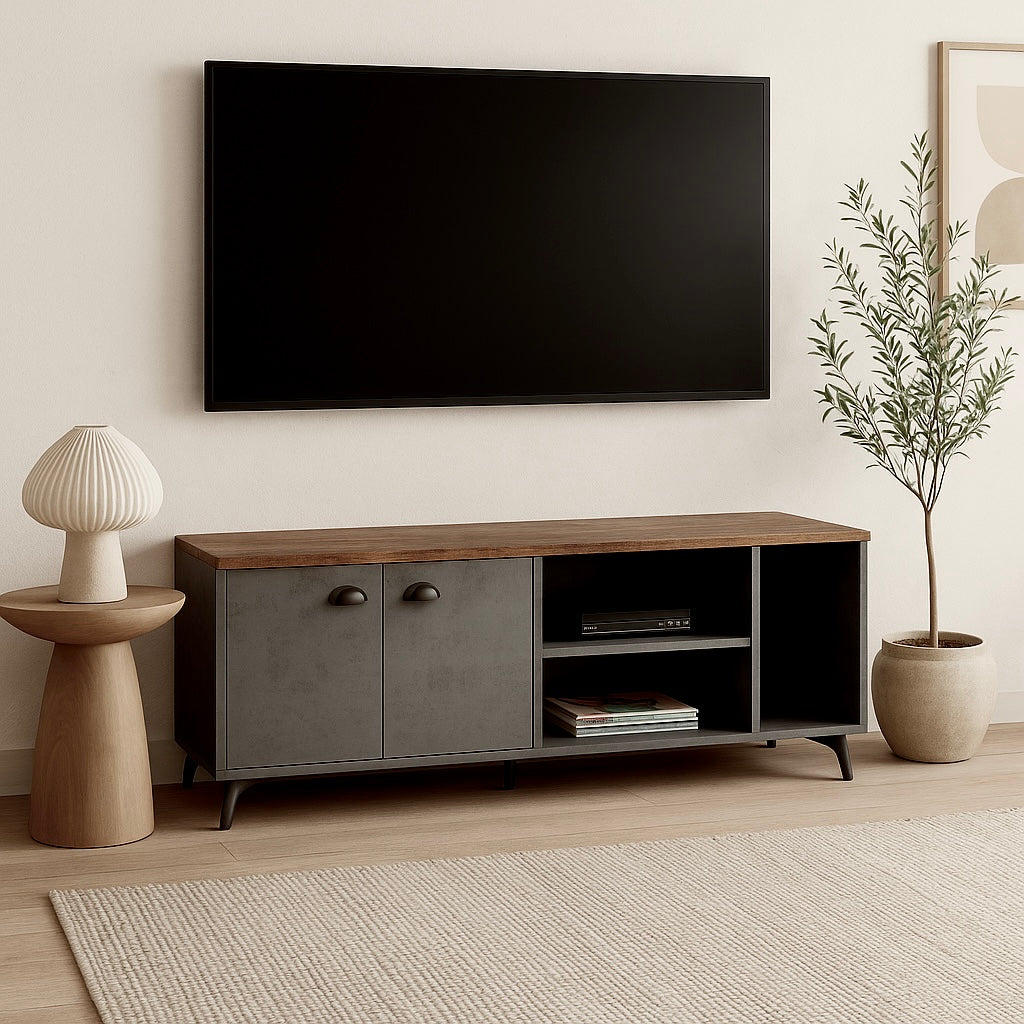 MEUBLE TV - 60"L / BÉTON GRIS / BOIS RÉCUPÉRÉ BRUN MOYEN