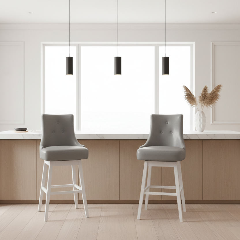 TABOURET DE BAR - 2 PIÈCES / 46"H / SIMILI CUIR NOIR / PIVOTANT