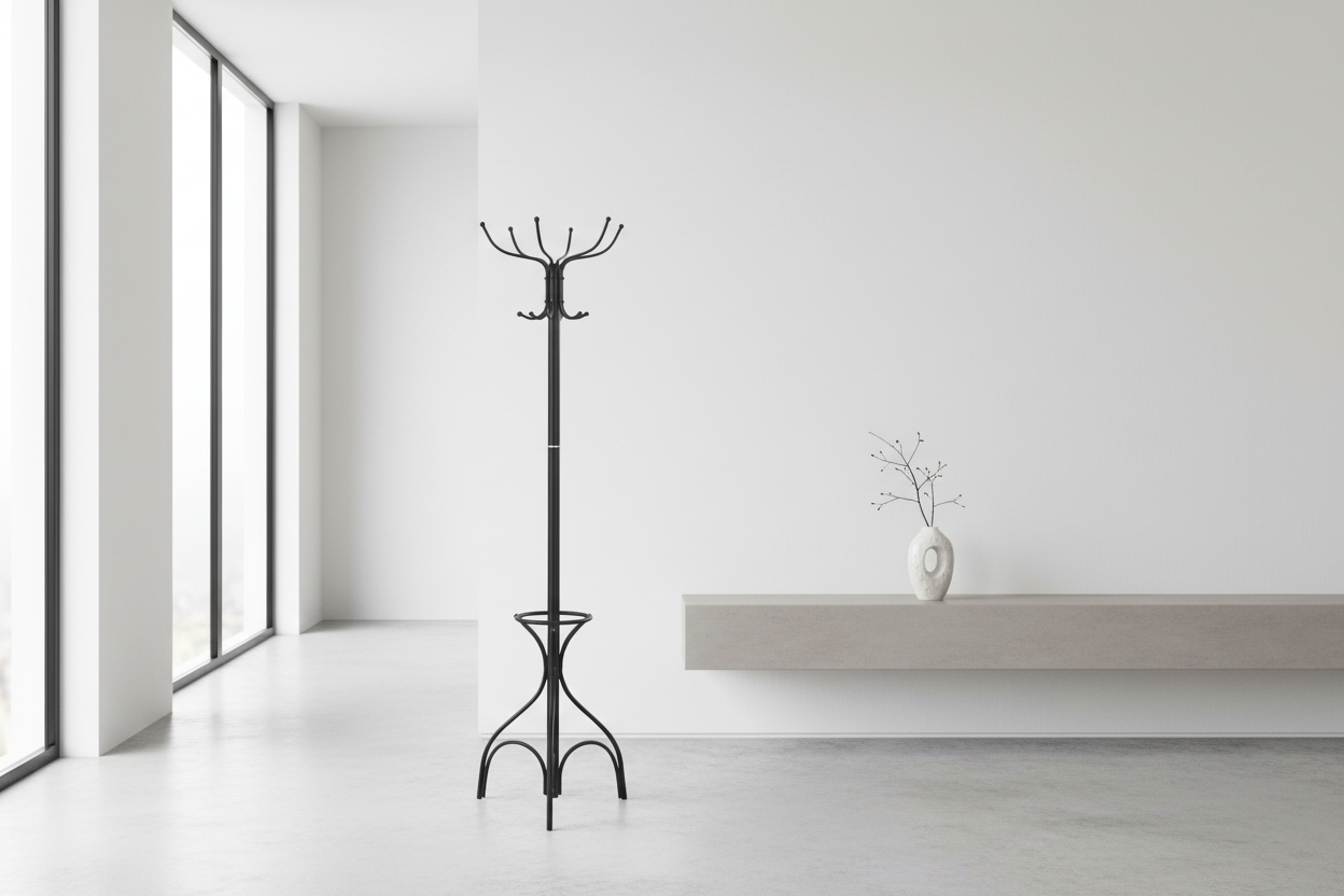 COAT RACK - 70"H / WHITE METAL WITH AN UMBRELLA HOLDER