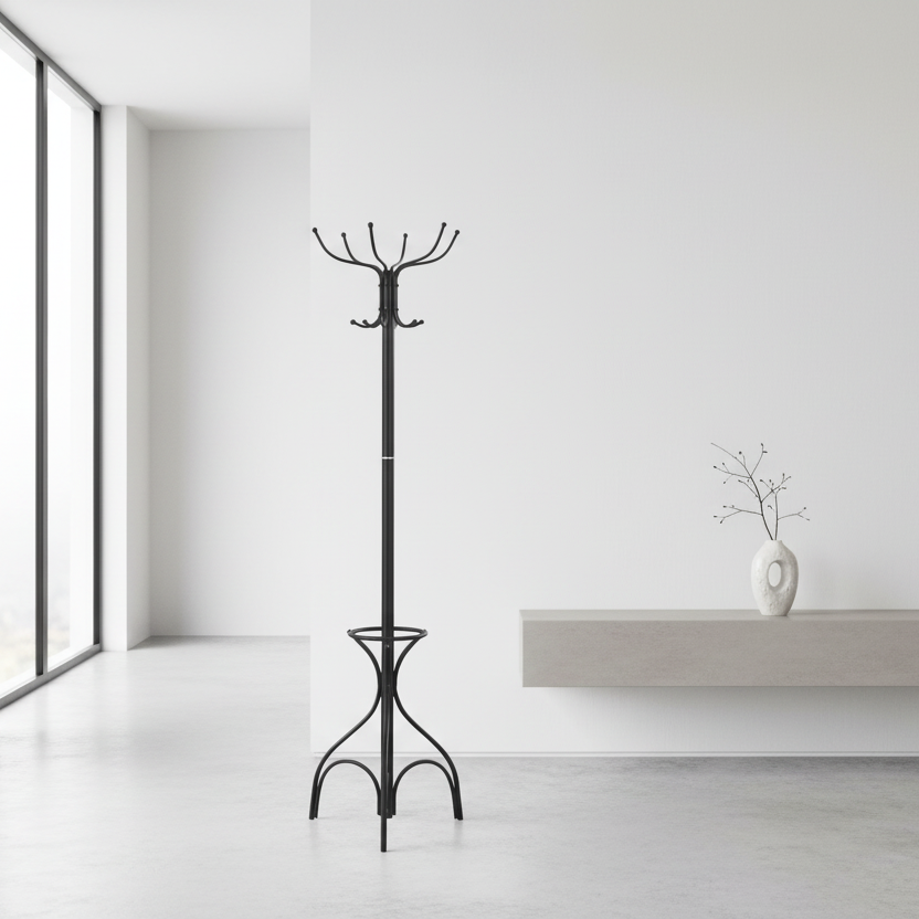 COAT RACK - 70"H / WHITE METAL WITH AN UMBRELLA HOLDER