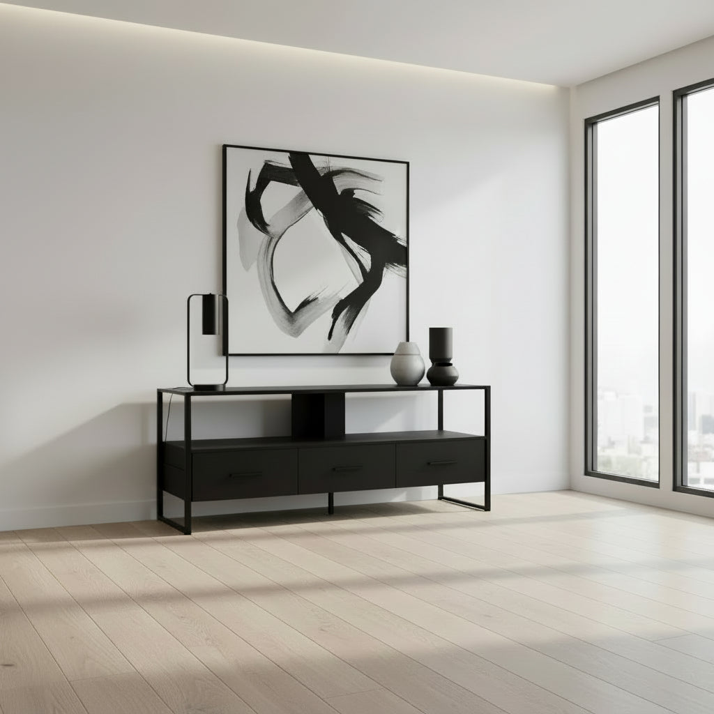 MEUBLE TV - 48"L / BOIS RÉCUPÉRÉ MARRON / MÉTAL NOIR