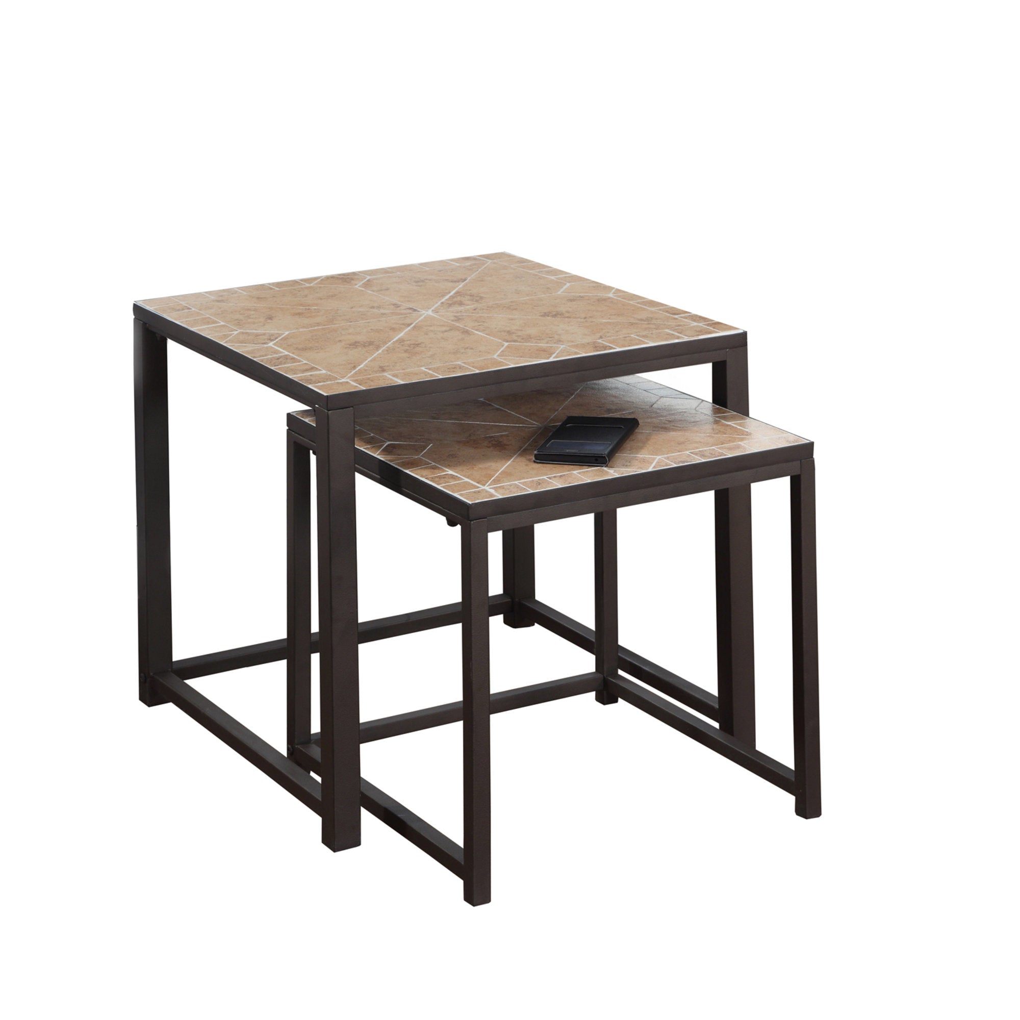 TABLES GIGOGNES - ENSEMBLE 2 PIÈCES / GRIS / PLATEAU CARREAUX BLEU / ARGENT