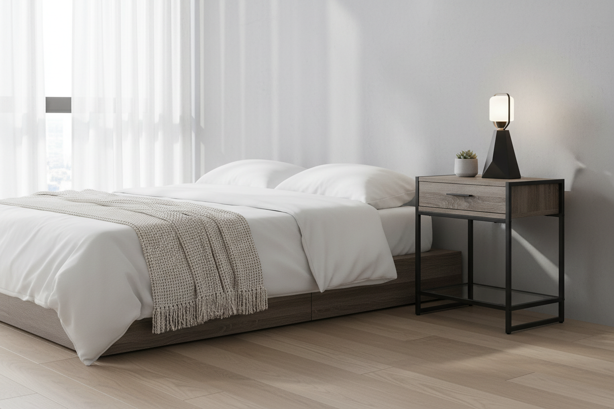 TABLE D'APPOINT - 22"H / GRIS / MÉTAL NOIR / VERRE TREMPÉ