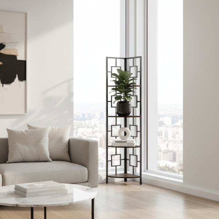 BOOKCASE - 62"H / BLACK / BLACK METAL CORNER ETAGERE