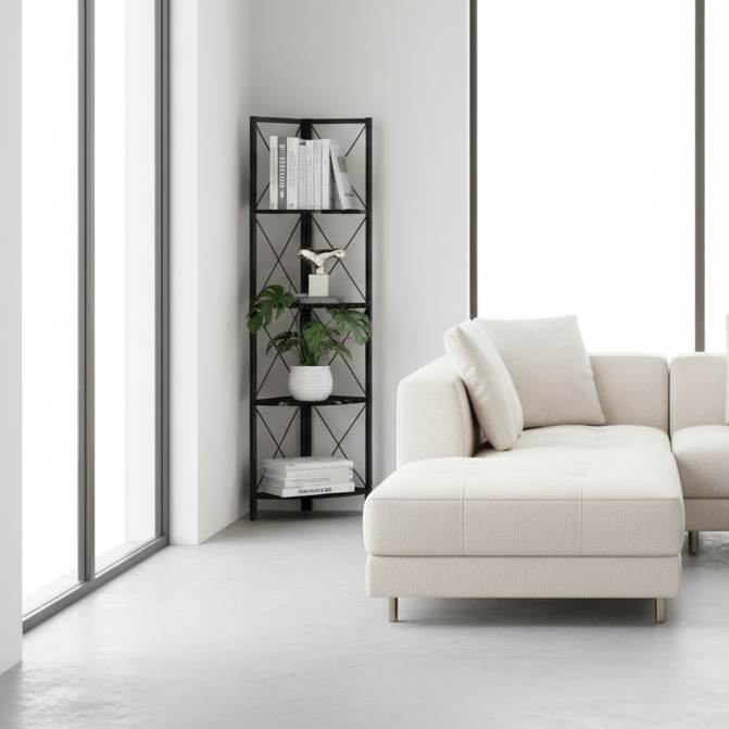 BOOKCASE - 60"H / ESPRESSO / BLACK METAL CORNER ETAGERE