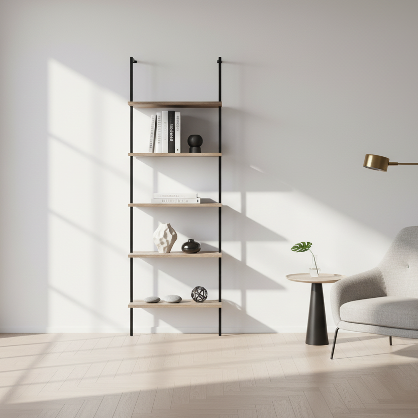 BOOKCASE - 72"H LADDER BROWN RECLAIMED / BLACK METAL