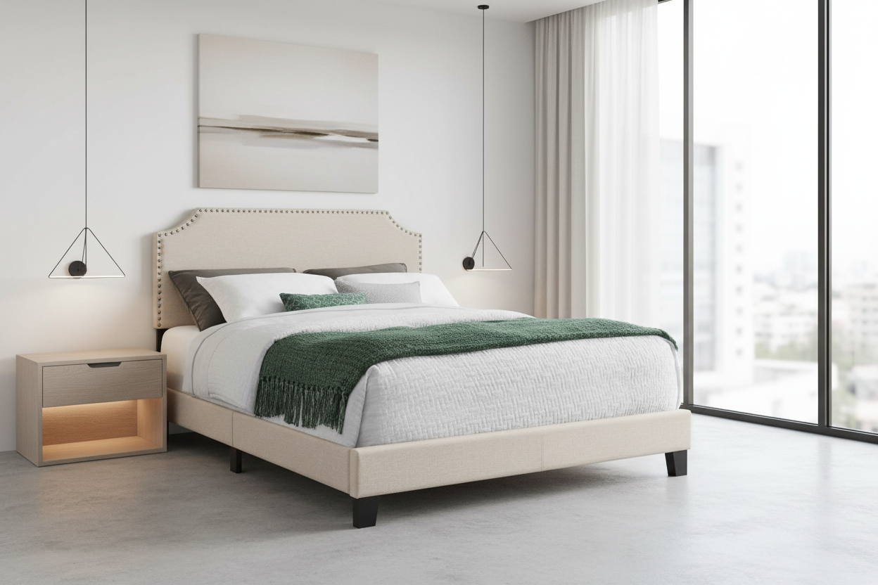 LIT - QUEEN SIZE / LIN GRIS AVEC BORDURE CHROMÉE