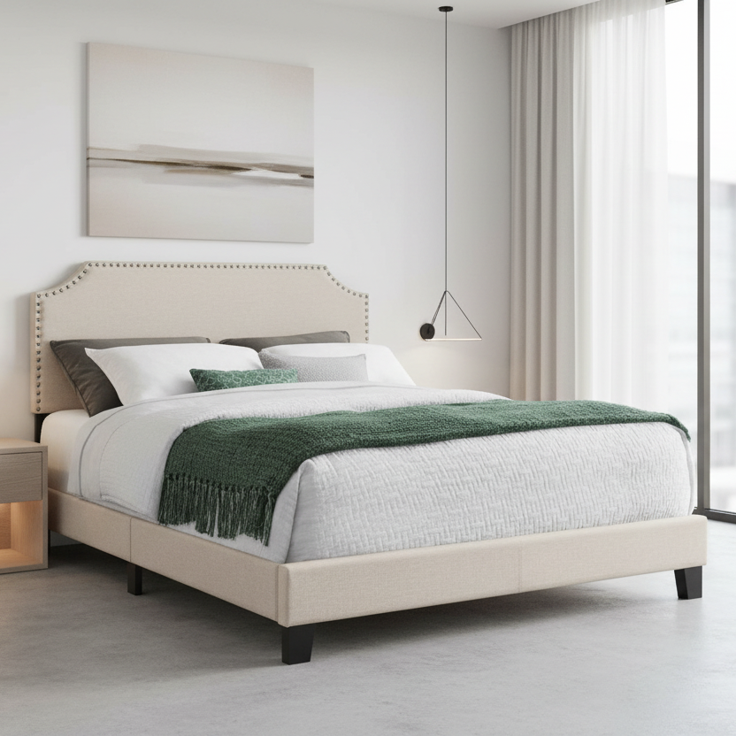 LIT - QUEEN SIZE / LIN GRIS AVEC BORDURE CHROMÉE