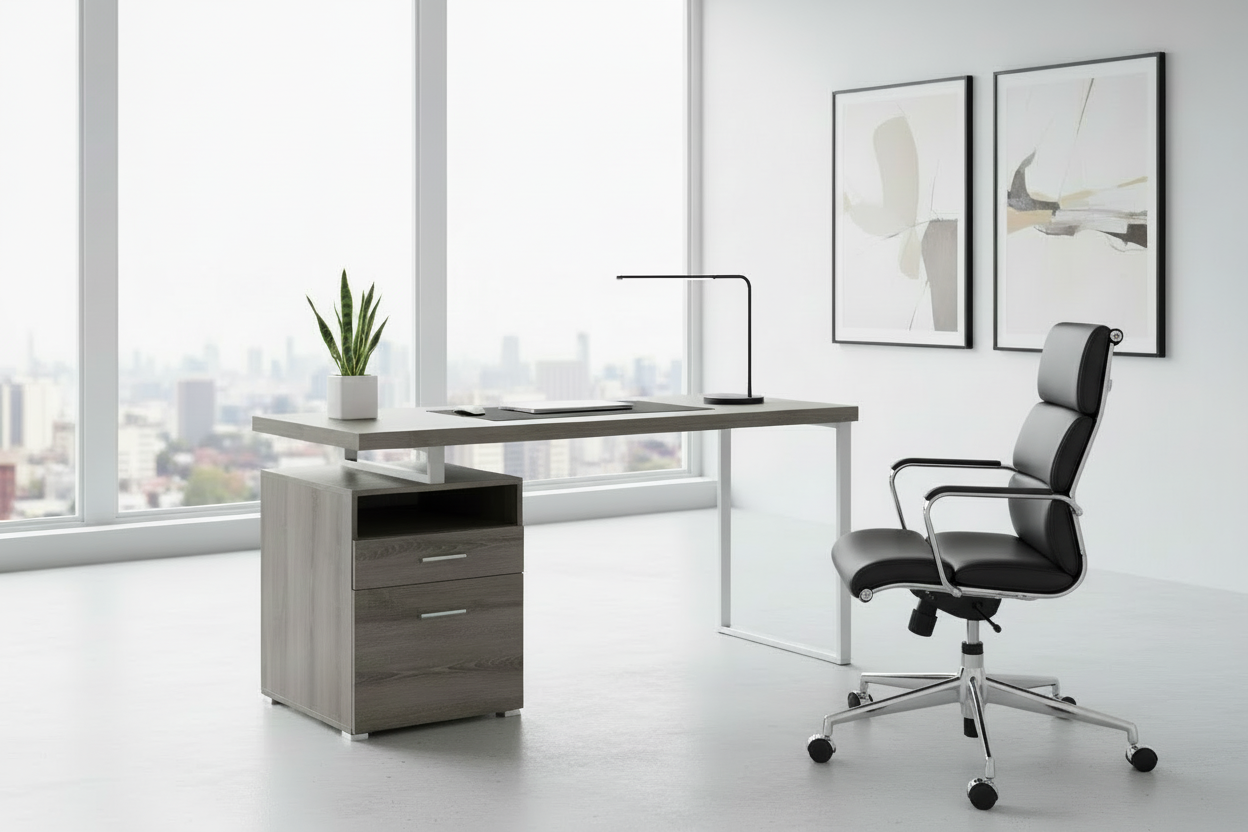 BUREAU D'ORDINATEUR - 60"L / ESPRESSO / MÉTAL ARGENTÉ