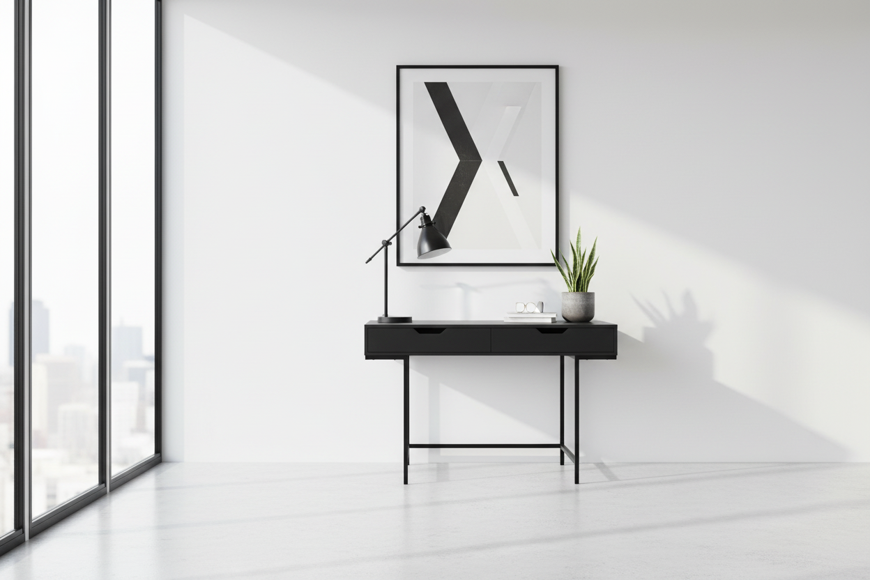 COMPUTER DESK - 48"L / BLACK MARBLE-LOOK / BLACK METAL