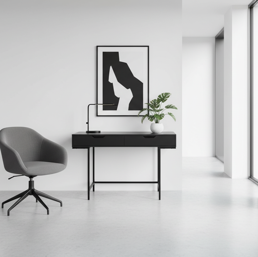 BUREAU D'ORDINATEUR - 48"L / ASPECT MARBRE NOIR / MÉTAL NOIR