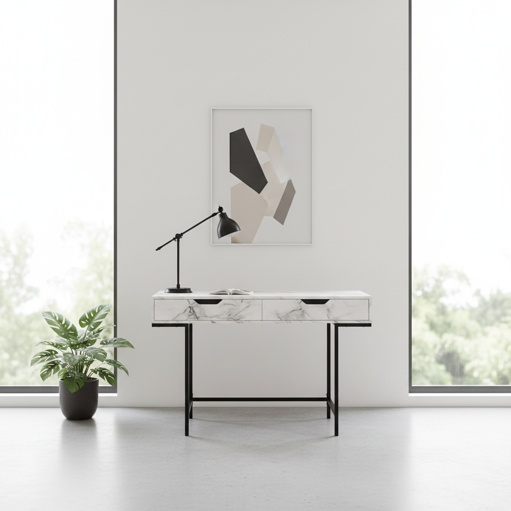 COMPUTER DESK - 48"L / BLACK MARBLE-LOOK / BLACK METAL