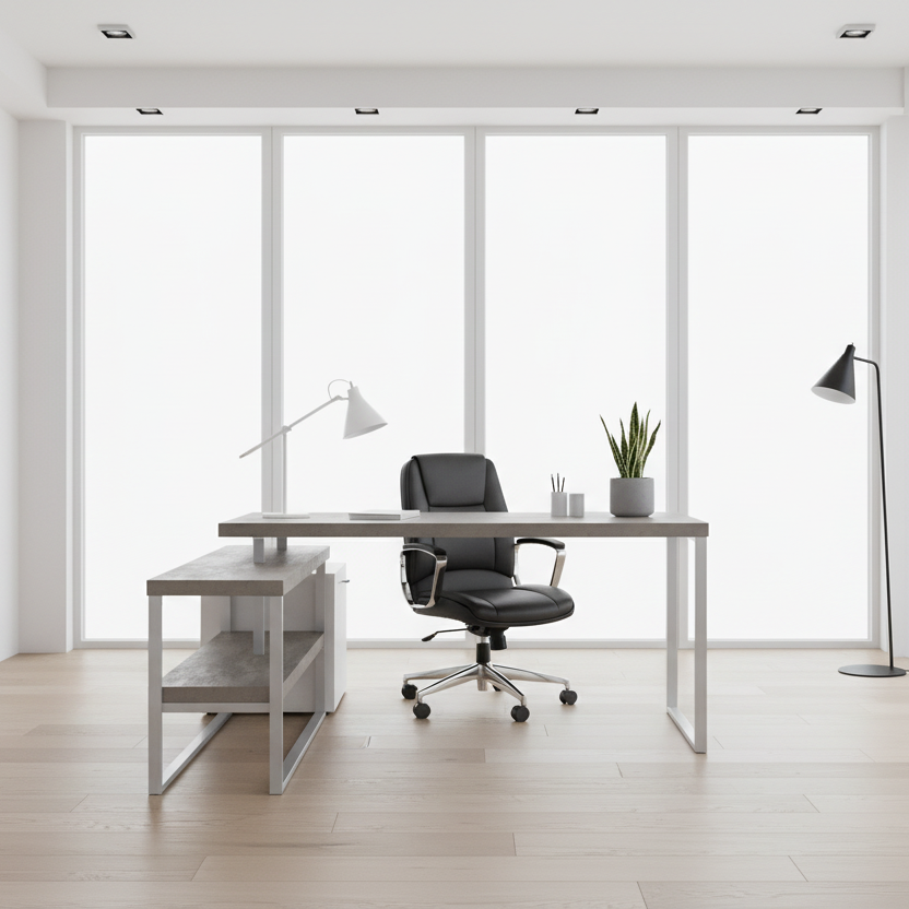 BUREAU D'ORDINATEUR - 60"L / BLANC / MÉTAL ARGENTÉ COIN G/D