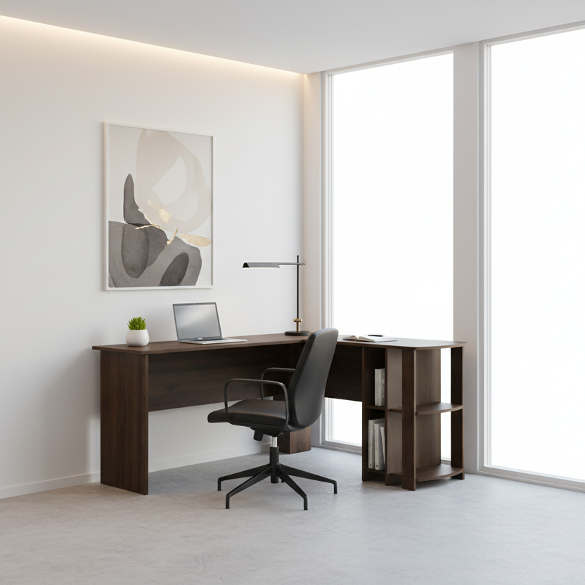 BUREAU D'ORDINATEUR - GRIS INDUSTRIEL EN L D'ANGLE/2 ÉTAGÈRES