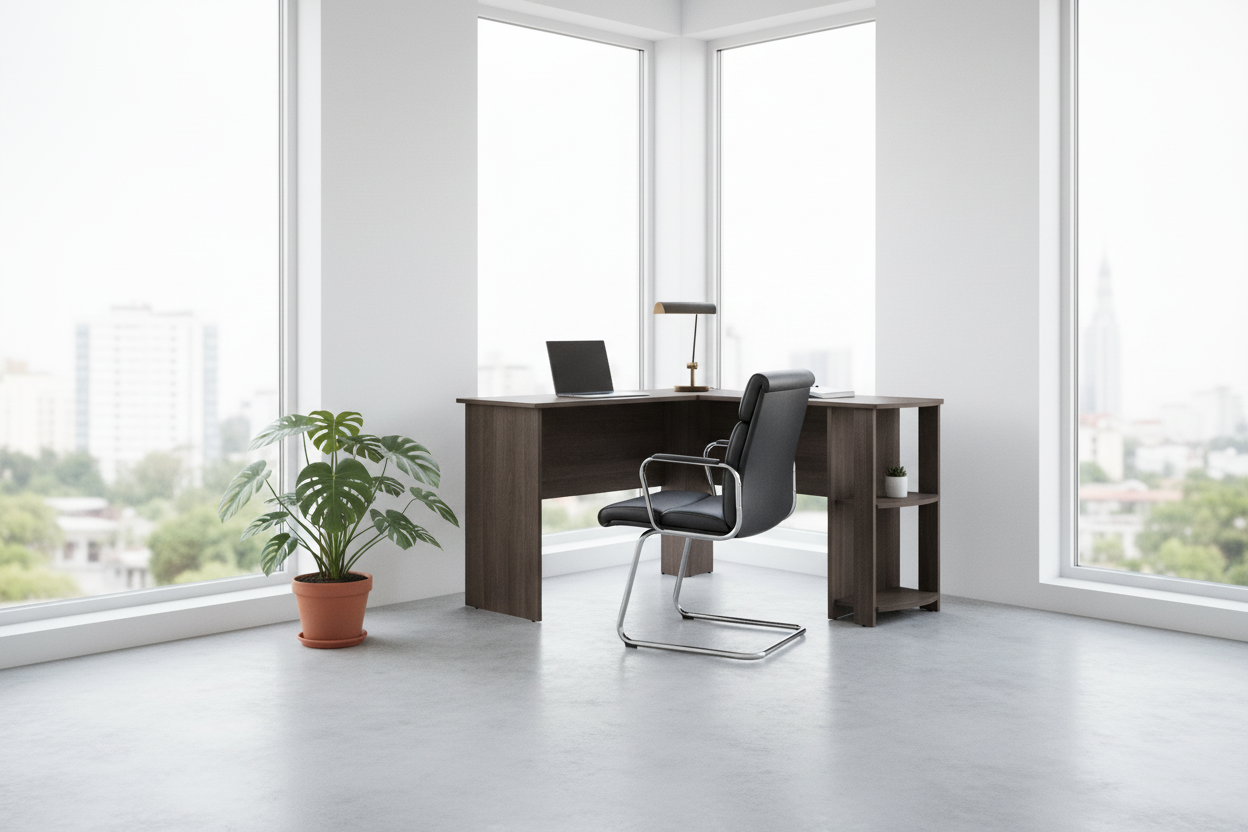 COMPUTER DESK - INDUSTRIAL GREY L-SHAPED CORNER/2 SHELVES