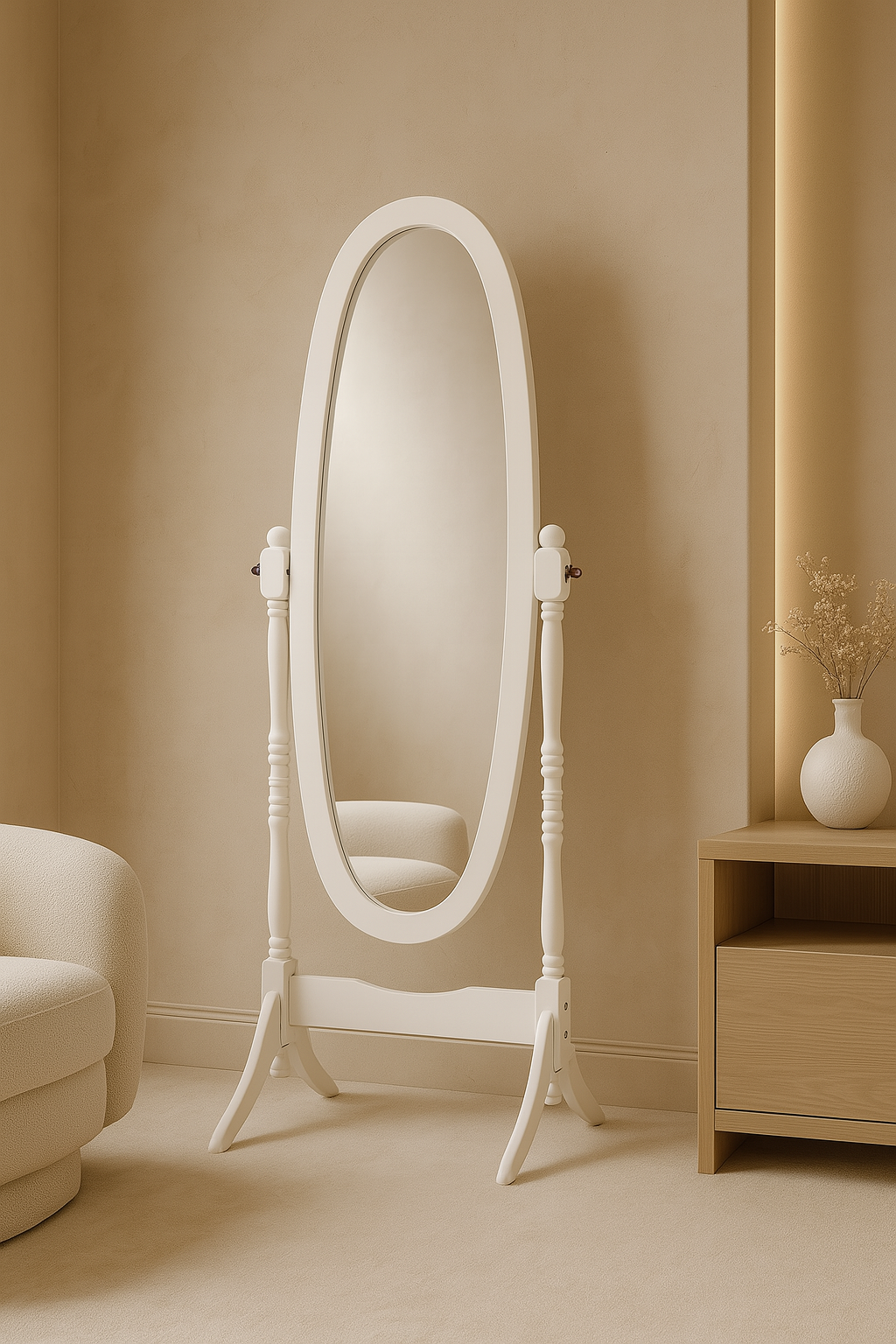 MIROIR - 59"H / CADRE OVALE EN BOIS BLANC ANTIQUE