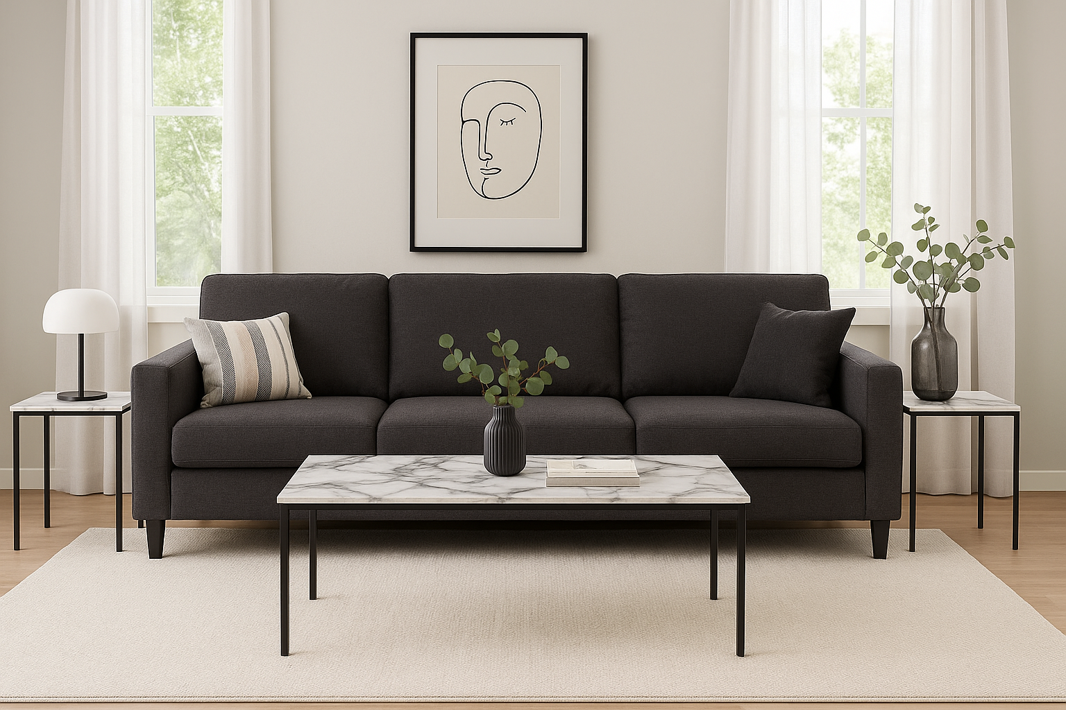 TABLE SET - 3PCS SET / WHITE MARBLE / BLACK METAL