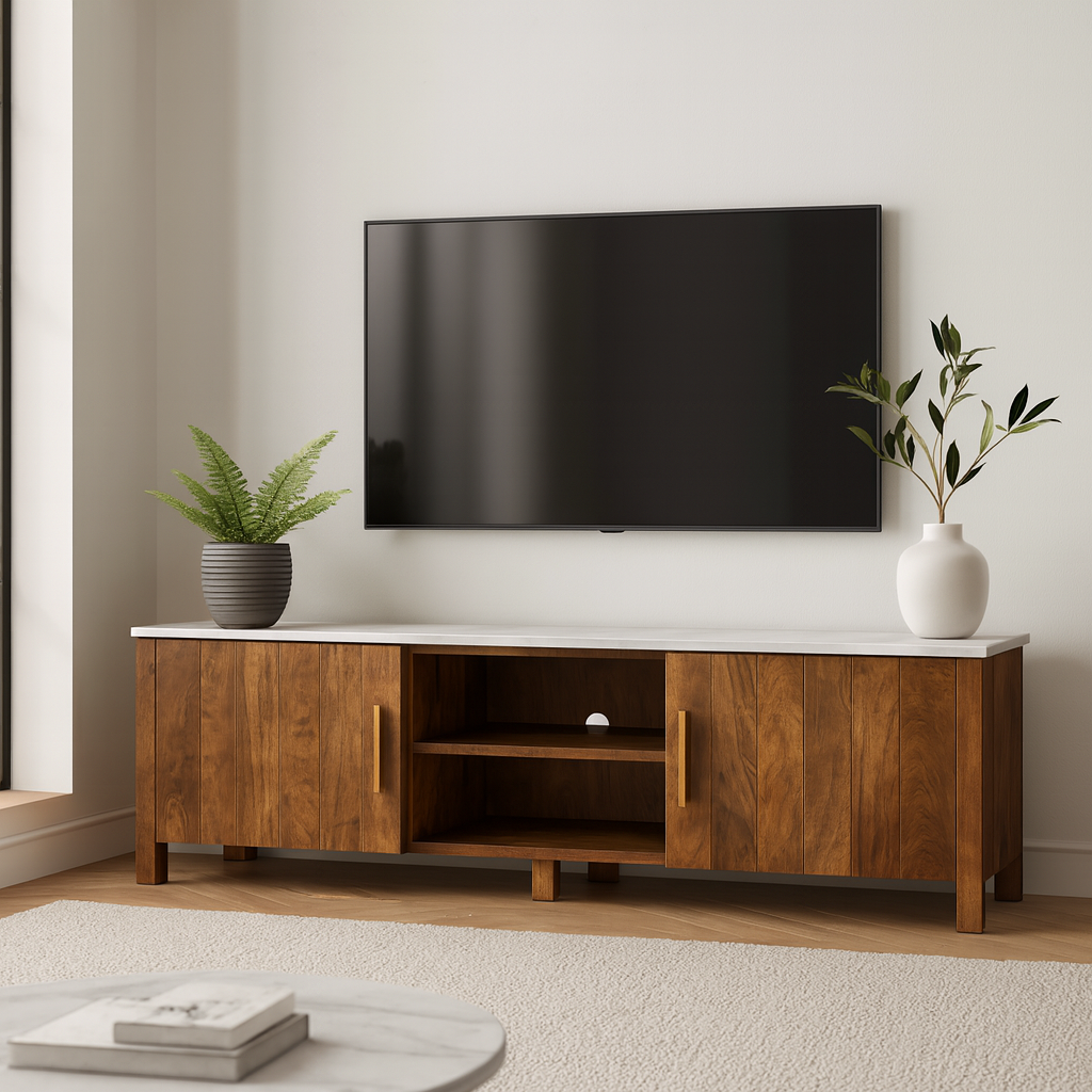 Meuble multimédia Camden en noyer et blanc