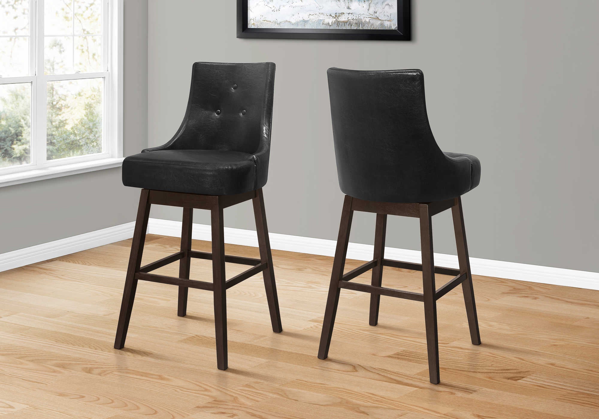 TABOURET DE BAR - 2 PIÈCES / 46"H / SIMILI CUIR NOIR / PIVOTANT