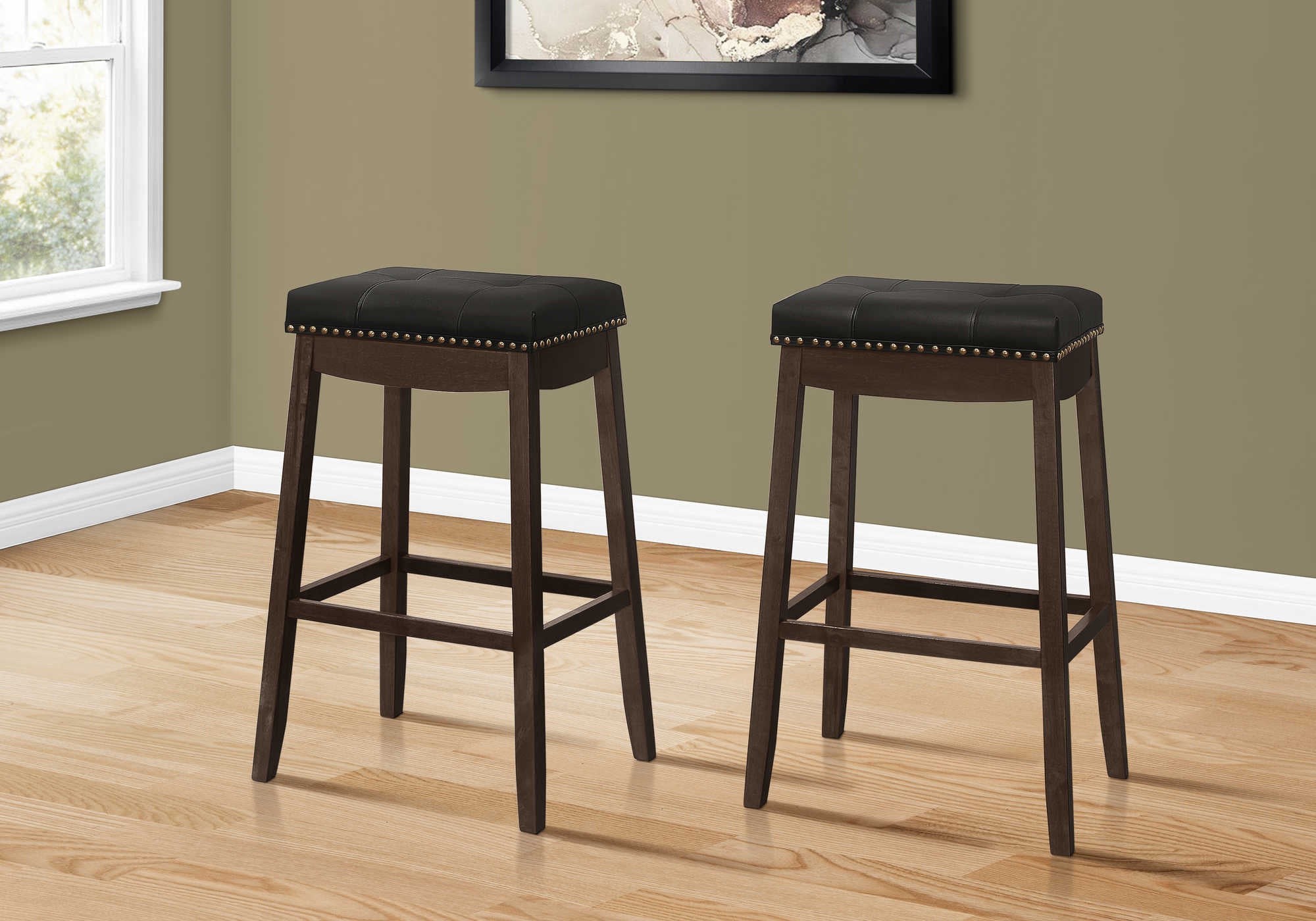 TABOURET DE BAR - 2 PIÈCES / 29"H / SIMILI CUIR NOIR / ESPRESSO