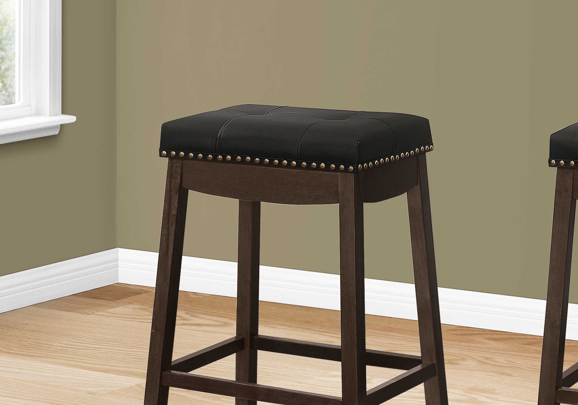 TABOURET DE BAR - 2 PIÈCES / 29"H / SIMILI CUIR NOIR / ESPRESSO