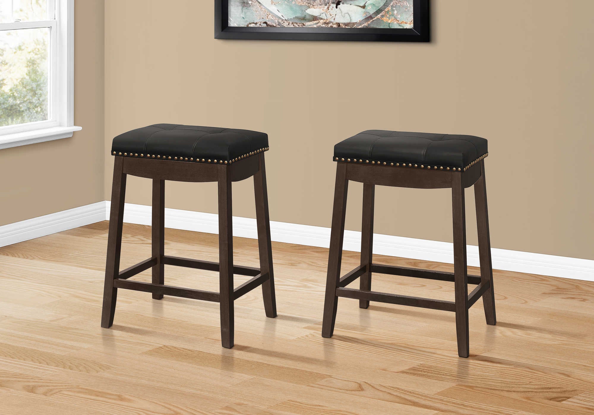 BARSTOOL - 2PCS / 24"H / BLACK LEATHER-LOOK / ESPRESSO