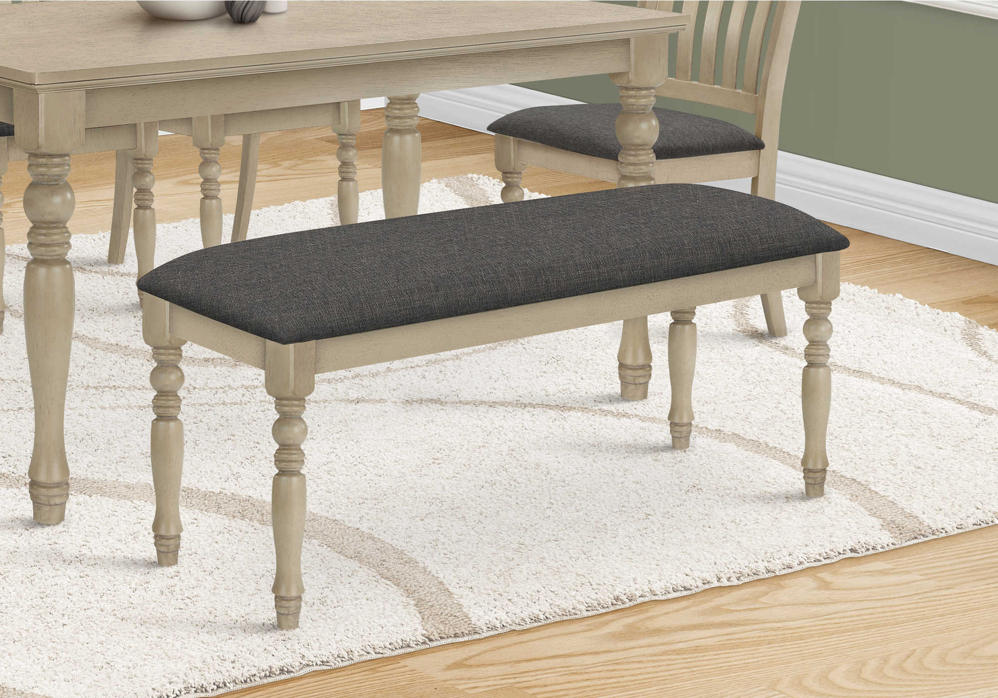BENCH - 48"L / ANTIQUE GREY / GREY FABRIC