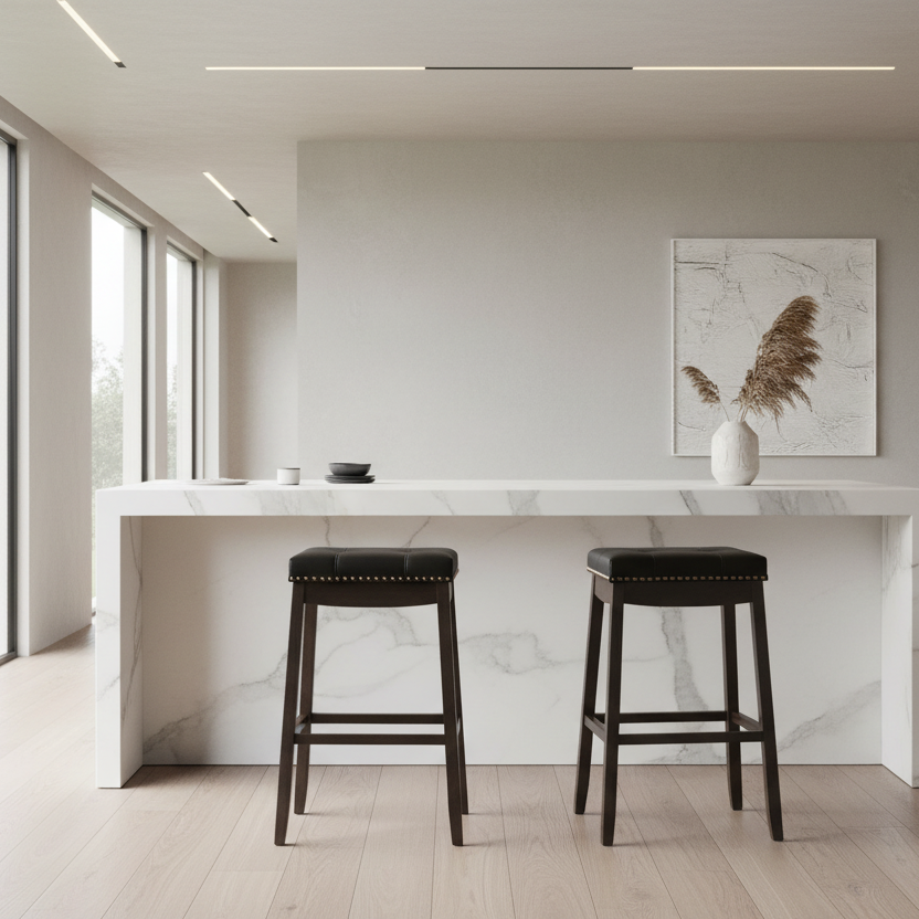 TABOURET DE BAR - 2 PIÈCES / 29"H / SIMILI CUIR NOIR / ESPRESSO