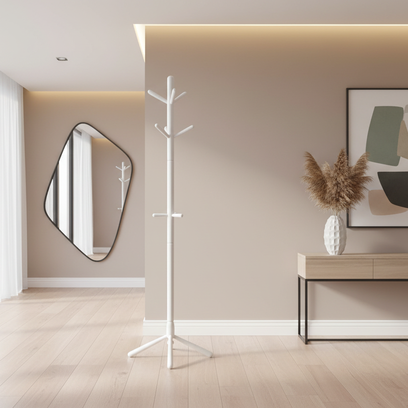 COAT RACK - 69"H / WHITE WOOD CONTEMPORARY STYLE