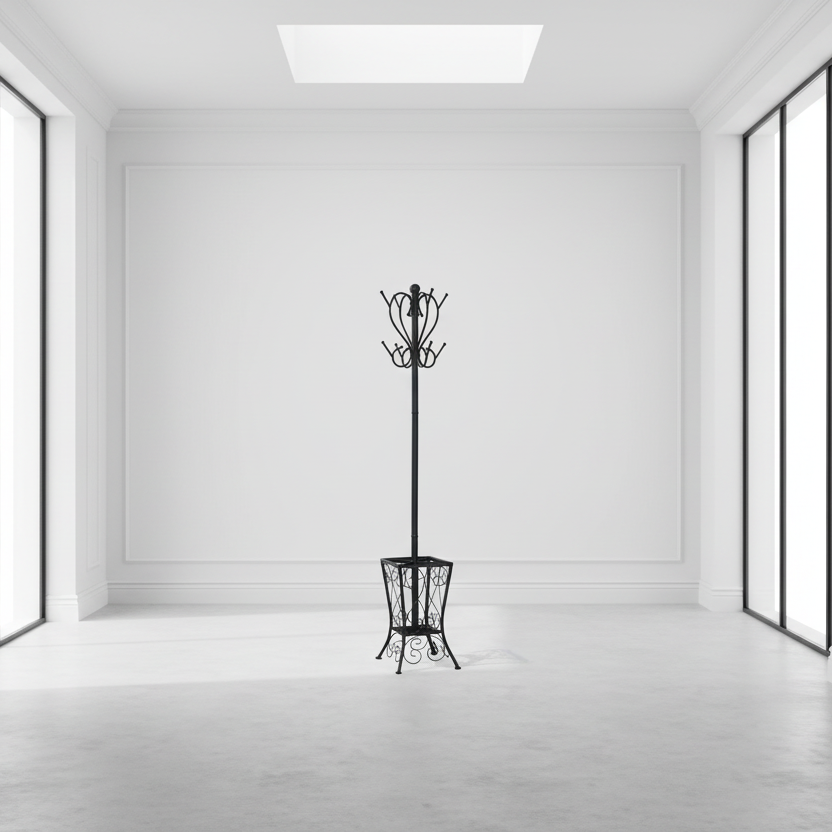 COAT RACK - 71"H / BLACK METAL WITH AN UMBRELLA HOLDER