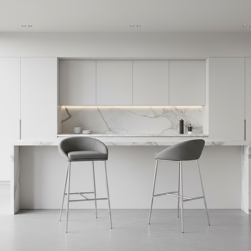 TABOURET DE BAR - 2 PIÈCES / TISSU GRIS / BASE CHROMÉE / HAUTEUR BAR