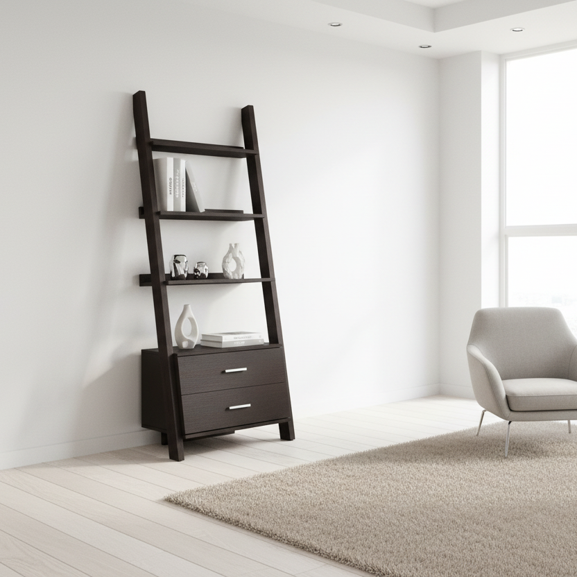 BOOKCASE - 69"H / ESPRESSO LADDER W/ 2 STORAGE DRAWERS