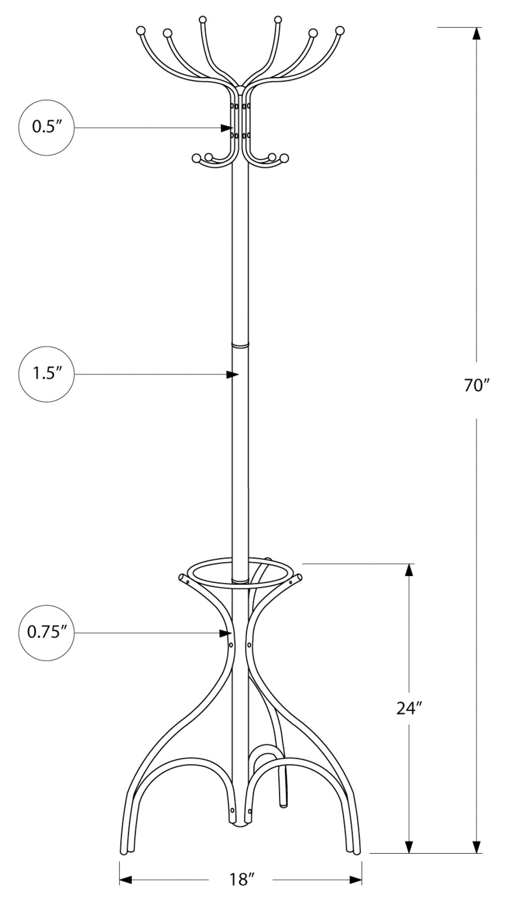COAT RACK - 70"H / WHITE METAL WITH AN UMBRELLA HOLDER