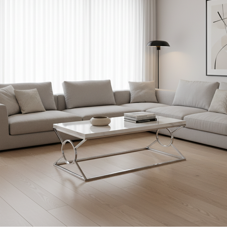 COFFEE TABLE - GLOSSY WHITE WITH CHROME METAL