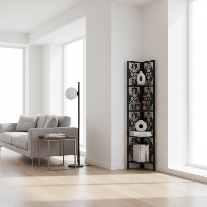 BOOKCASE - 62"H / BLACK / BLACK METAL CORNER ETAGERE