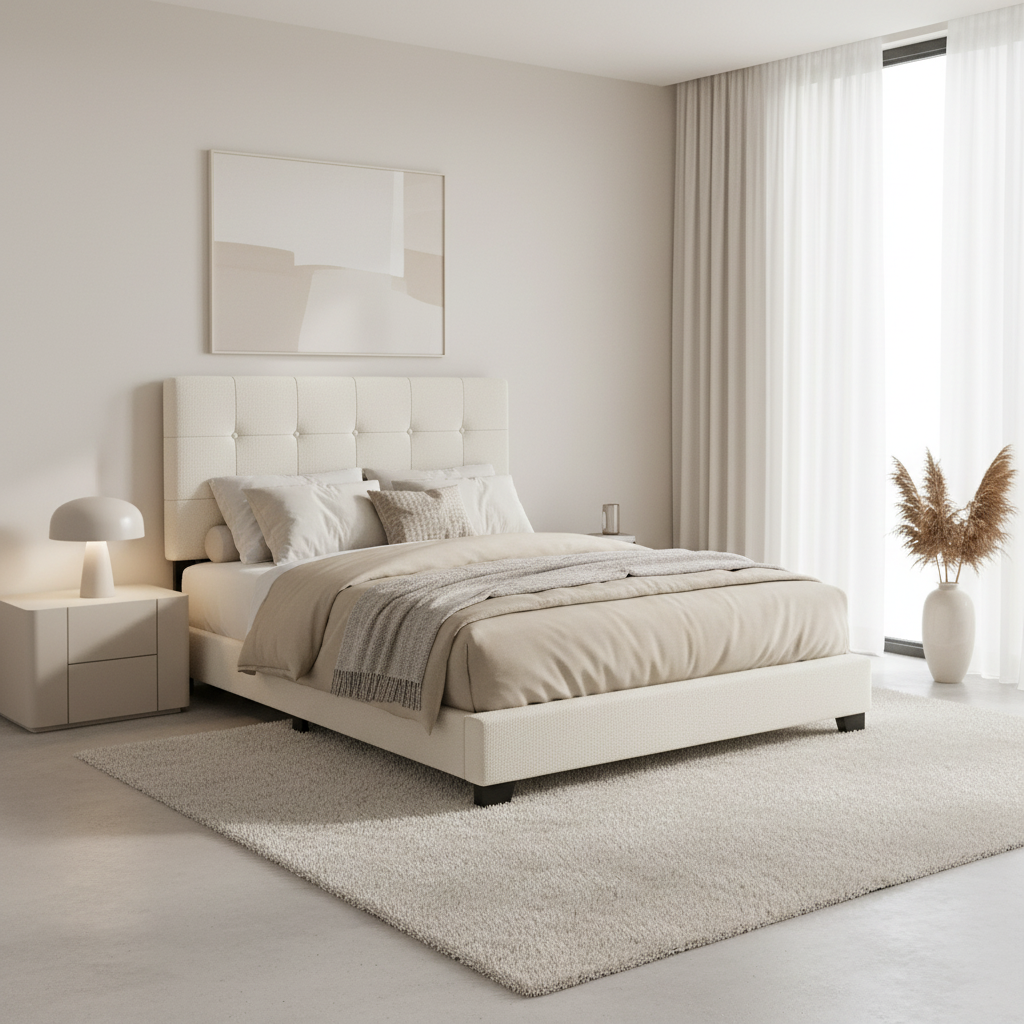 Cadre de lit double rembourré en tissu bouclé